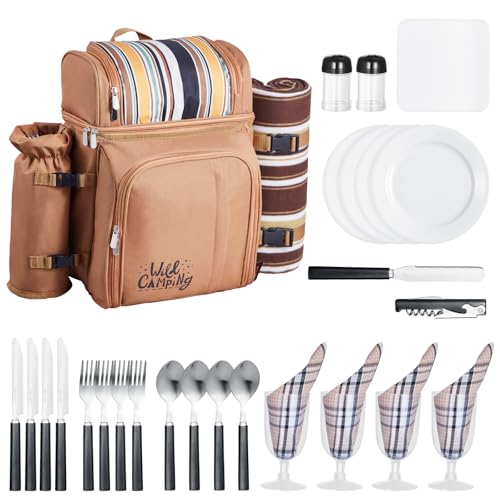 VEVOR Picknickrucksack Picknicktasche Outdoor (25 L) für 4 Personen mit isoliertem & Kühlfach & abnehmbarem Flaschen-/Weinhalter, leichter Decke, Teller- und Besteckset zum Wandern Camping, Braun von VEVOR