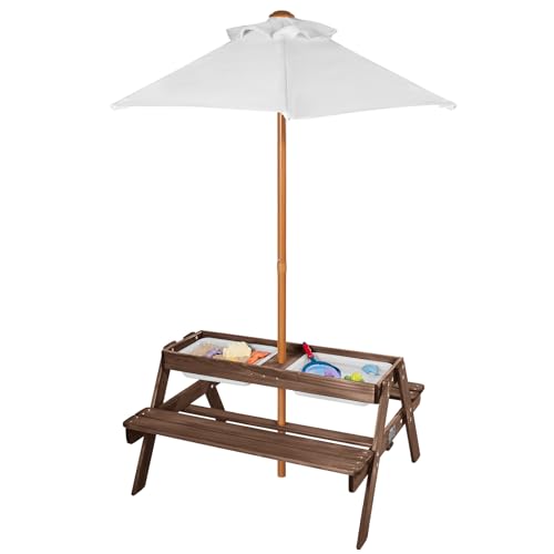 VEVOR Picknicktisch mit abnehmbarem Sonnenschirm & 2 Bänken, Sitzgruppe Strandtisch Outdoor Gartenmöbel aus Holz Terrassen-Essmöbel für 4 Personen für Garten, Hinterhof und Veranda (Walnuss) von VEVOR
