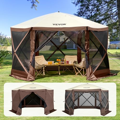 VEVOR Pop-Up-Pavillonzelt, Pop-Up-Zelt mit 6-seitigem Baldachin, Sonnenschutz mit 6 abnehmbaren Sichtschutz-Windtüchern und Netzfenstern, 12,5 x 12,5 Fuß, Schnellaufbau-Zelt mit Moskitonetz, braun von VEVOR
