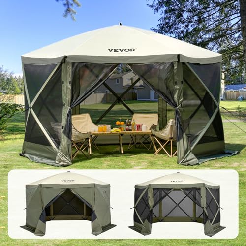 VEVOR Pop-Up-Pavillonzelt, Pop-Up-Zelt mit 6-seitigem Baldachin, Sonnenschutz mit 6 abnehmbaren Sichtschutz-Windtüchern und Netzfenstern, 12 x 12 Fuß, Schnellaufbau-Zelt mit Moskitonetz, Armeegrün von VEVOR