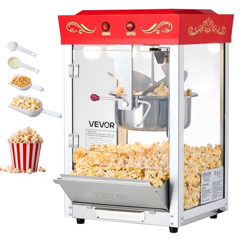 VEVOR Popcornmaschine mit Edelstahlkessel, 800 W kommerzieller Popcornmaker, 48 Tassen pro Ladung, Kinostil, mit 2-Tasten-Bedienung, Glaswand, PC-Tür, 1 Portionierer, 3 Löffel, Rot von VEVOR