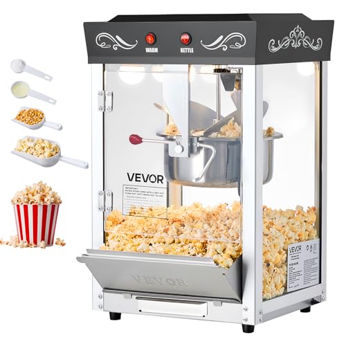 VEVOR Popcornmaschine mit Edelstahlkessel, 800 W kommerzieller Popcornmaker, 48 Tassen pro Ladung, Kinostil, mit 2-Tasten-Bedienung, Glaswand, PC-Tür, 1 Portionierer, 3 Löffel, Schwarz von VEVOR