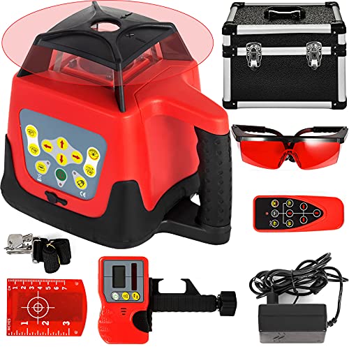 VEVOR Professional Rot Rotationslaser max. Arbeitsbereich 500 m, Linienlaser 360 Grad Laser höhenmesser Wasser- und staubdicht außenbereich Arbeitszeit 20 Stunden mit Fernbedienung und Schutzbrillen von VEVOR