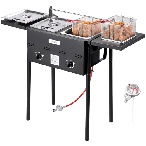 VEVOR Propan-Fritteuse Outdoor gewerbliche Fritteuse mit 2 Tanks (9 L x 2), Edelstahl-Kocher mit faltbarer Plattform & Doppelkorb & Wärmeregulierung, Standfritteusen für Restaurants Snackbars von VEVOR