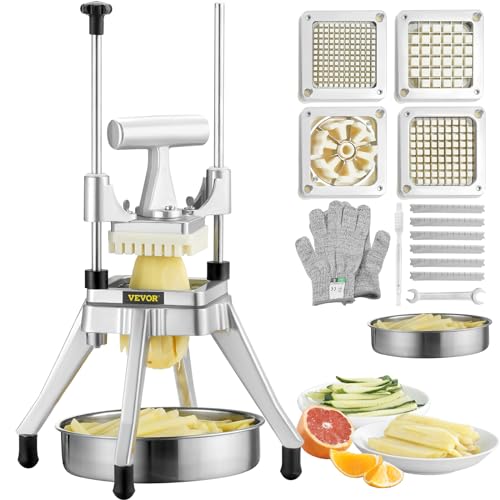 VEVOR Kommerziell Kartoffelschneider Pommes Frites Schneider 1/2 + 3/8 + 1/4 Zoll + 6 Keile, Frittenschneider Gemüseschneider Zerkleinerer Obstschneidemaschine mit 6 Ersatzklingen, Edelstahl Zerhacker von VEVOR