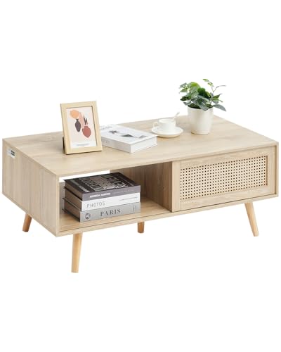 VEVOR Rattan-Couchtisch rechteckiger Kaffeetisch aus geflochtenem Rattanholz mit MDF-Platte, 105 cm moderner Boho-Couchtisch mit Zwei Ebenen und offenem Regal, für Wohnzimmer, Schlafzimmer von VEVOR