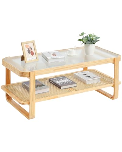 VEVOR Rattan-Couchtisch rechteckiger Kaffeetisch aus geflochtenem Rattanholz mit Tischplatte aus gehärtetem Glas, 115 cm moderner Boho-Couchtisch mit Stauraum & Beinen aus Naturholz, Wohnzimmer VEVOR Rattan-Couchtisch rechteckiger Kaffeetisch aus geflochtenem Rattanholz mit Tischplatte aus gehärtetem Glas, 115 cm moderner Boho-Couchtisch mit Stauraum & Beinen aus Naturholz, Wohnzimmer von VEVOR
