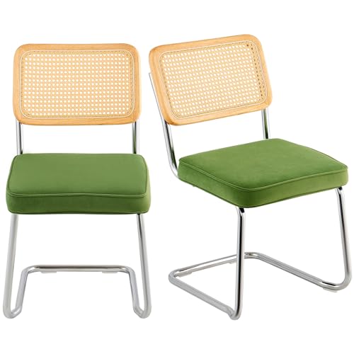 VEVOR Rattan-Stühle, 2er-Set, Moderner Esszimmerstuhl, Gepolsterter Samt-Akzentstuhl mit Rattan-Rückenlehne, Retro-Esszimmer-Küchenstuhl für Wohnzimmer, Schlafzimmer, Lesezimmer, Grün von VEVOR