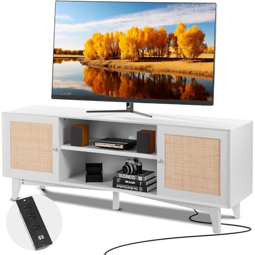 VEVOR Rattan-TV-Ständer 191cm Fernseher Boho-TV-Schrank Weiß Fernsehschrank von VEVOR