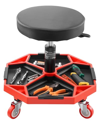 VEVOR Rollbarer Werkstatthocker Werkstattsitz (136 kg Tragkraft) Garagensitz Arbeitshocker, höhenverstellbar (420–550 mm), Rollsitz mit Werkzeugablage für Garage Werkstatt Autoreparatur, Schwarz+Rot von VEVOR