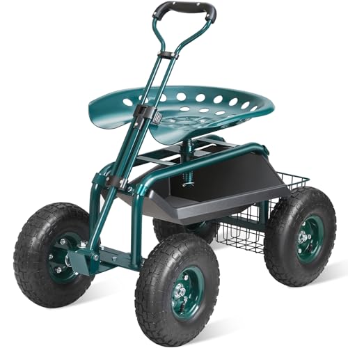 VEVOR Rollsitz Gartenwagenrollsitz aus Stahl bis 136kg belastbar Gartensitz Gartenwagen mit 25cm Griff und 45-54cm höhenverstellbarem Sitz Rollwagen 30PSI Reifendruck Arbeitssitz Gartensitz Grün von VEVOR