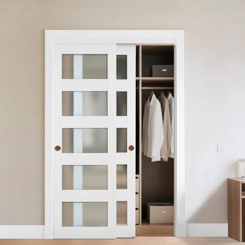VEVOR Schiebetür 1219 mm x 2032 mm (passende Öffnungsgröße), Bypass-Schiebetüren aus Milchglas mit Hardware-Kit, Massivholz & MDF-Platte mit wasserfester PVC-Oberfläche für Schränke Weiß von VEVOR