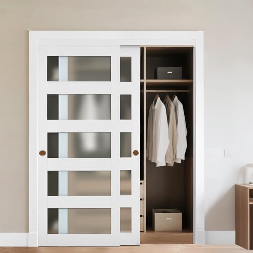 VEVOR Schiebetür 1524 mm x 2032 mm (passende Öffnungsgröße), Bypass-Schiebetüren aus Milchglas mit Hardware-Kit, Massivholz & MDF-Platte mit wasserfester PVC-Oberfläche für Schränke Weiß von VEVOR