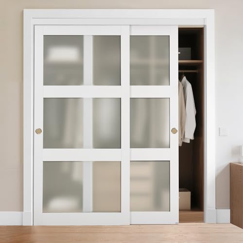 VEVOR Schiebetür 1829 mm x 2032 mm (passende Öffnungsgröße), Bypass-Schiebetüren aus Milchglas mit Hardware-Kit, Massivholz & MDF-Platte mit wasserfester PVC-Oberfläche für Schränke Weiß von VEVOR