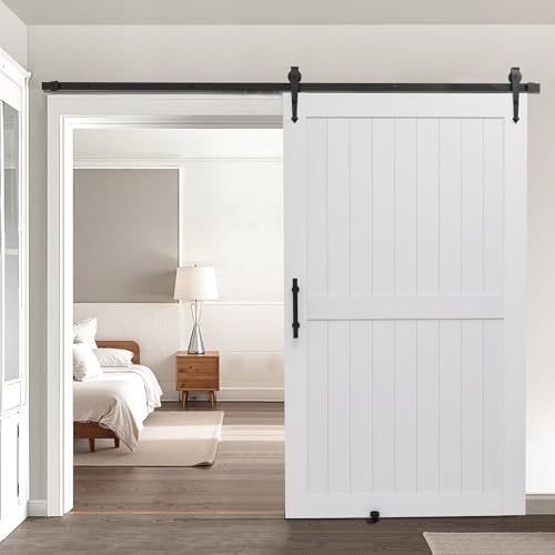 VEVOR Schiebetür im Scheunenstil Schiebetürsystem (1219 x 2134 mm) aus hochfesten MDF-Platten, Scheunentor mit Hardware-Kit & wasserfester PVC-Oberfläche & H-Rahmen für Wohnzimmer Badezimmer Weiß von VEVOR