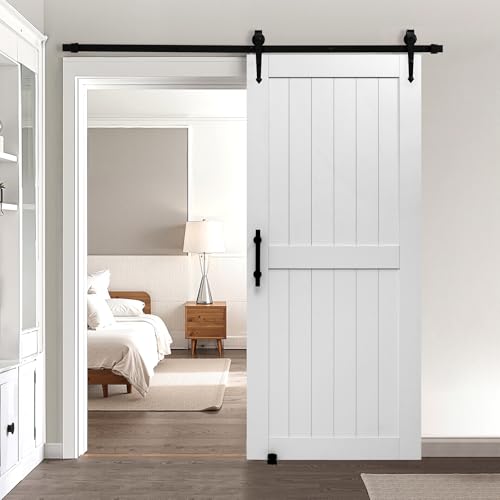 VEVOR Schiebetür im Scheunenstil Schiebetürsystem (914 x 2134 mm) aus hochfesten MDF-Platten, Scheunentor mit Hardware-Kit & wasserfester PVC-Oberfläche & H-Rahmen für Wohnzimmer Badezimmer Weiß von VEVOR