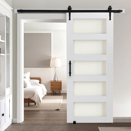 VEVOR Schiebetür im Scheunenstil Schiebetürsystem (914 x 2134 mm) aus hochfesten MDF-Platten & Milchglas, Scheunentor mit Hardware-Kit & wasserfester PVC-Oberfläche & H-Rahmen für Badezimmer von VEVOR