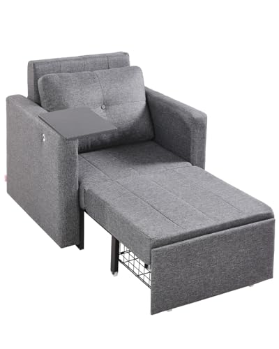 VEVOR Schlafsofa umbaubares Schlafbett mit Seitentasche & Kissen & Armlehne, Schlafsessel Einzelsessel mit 5-Fach Verstellbarer Rückenlehne, Einzel-Ausziehcouch mit 2 Rädern und Stauraum unten, Grau von VEVOR