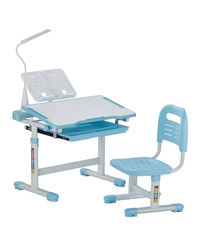 VEVOR Schreibtisch Set Kinderschreibtisch Arbeitstisch und Stuhl höhenverstellbar (53-71 cm) belastbar (100 kg) mit Tischlampe & 0–40° geneigten Schreibtischplatte für Schlafzimmer Blau von VEVOR