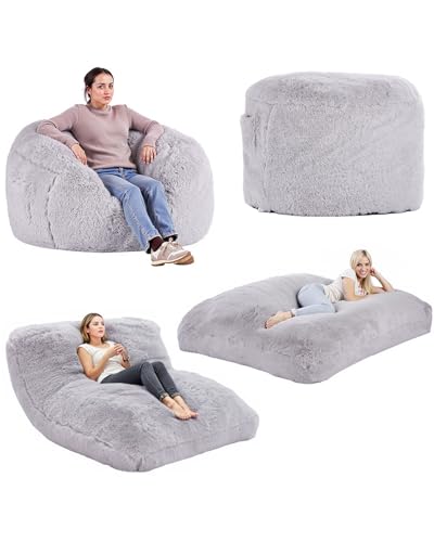 VEVOR Sitzsackbett umwandelbarer Sessel vom Sitzsack zur Matratze, Bettsessel (1220 x 1220 x 762 mm) mit waschbarem Bezug für Erwachsene, gefüllt mit Flauschiger Plüsch, grau (Queen Größe) von VEVOR