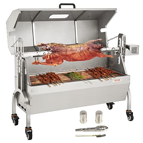 VEVOR Spanferkelgrill Lammgrill 117 cm, 60 kg Edelstahl Drehspieß Höhenverstellbar in 4 Stufen, 50 W 2 in 1 BBQ Rotisserie Grill inkl. Gewürzdose & Reinigungsbürste & Griff Elektrogrill mit Deckel von VEVOR