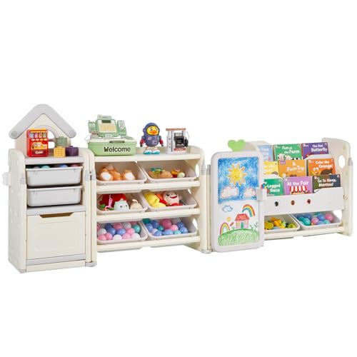 VEVOR Spielzeugaufbewahrung Bücherregal Spielzeugregal HDPE, 4-stöckige multifunktionale Ablage mit 10 flexiblen Kunststoffbehältern & Zeichenbrett, für Schlafzimmer Klassenzimmer (Grau + Beige) von VEVOR