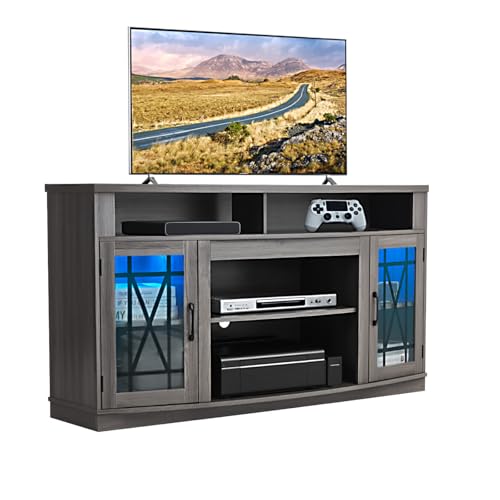VEVOR TV-Ständer für Fernseher bis zu 65 Zoll, TV Tisch mit Lichtleiste, TV-Schrank aus Holz mit Glastüren & verstellbaren Regalen, Konsolentisch Fernsehschrank für Wohnzimmer Schlafzimmer, Grau von VEVOR
