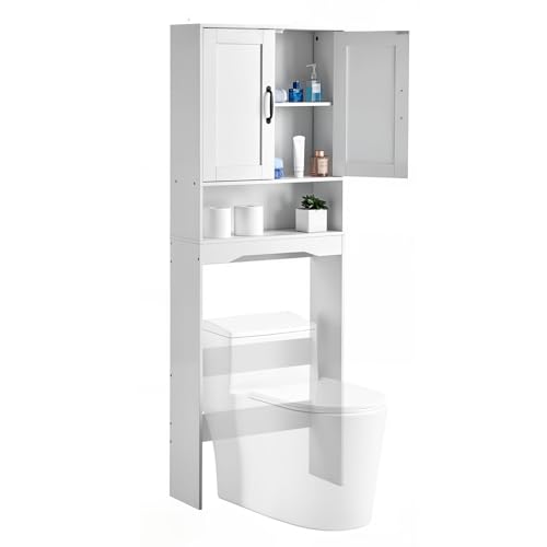 VEVOR Toilettenschrank Badezimmerschrank mit Doppeltür & verstellbarem Regal, platzsparender 3-stöckiger Badschrank über der Toilette mit offenem Regal, 600x210x1651 mm Aufbewahrungsschrank Weiß von VEVOR