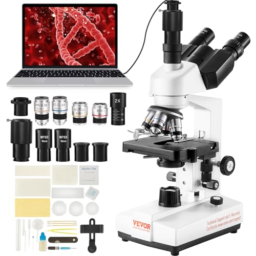 VEVOR Trinokulares Mikroskop 10X, 25X, 2X Hilfslinse Compound Mikroskop, Objektive 4X, 10X, 40X, 100X, Labor Auflicht Mikroskop Vergrößerung 40-5000, 100–240 V Labormikroskop von VEVOR