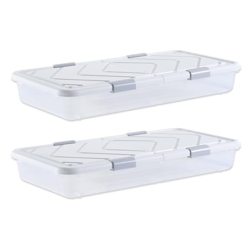VEVOR Unterbettkommode Unterbettaufbewahrungsbox 2 Stk. Rollbar (101 x 51 x 15 cm) Unterbettbehälter mit Deckel & grauem Riegel, Aufbewahrungsbox Organizer für Kleidung Schuhe Decken Schlafzimmer von VEVOR