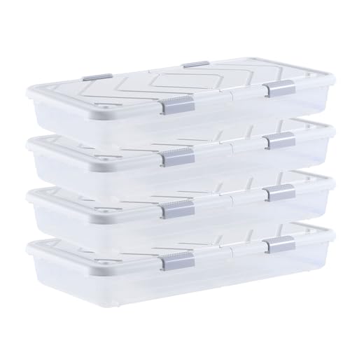 VEVOR Unterbettkommode Unterbettaufbewahrungsbox 4 Stk. Rollbar (805 x 396 x 175 mm) Unterbettbehälter mit Deckel & grauem Riegel, Aufbewahrungsbox Organizer für Kleidung Schuhe Decken Schlafzimmer von VEVOR