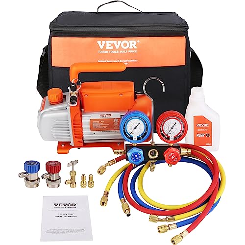VEVOR Vakuumpumpe 4CFM 113L/min Unterdruckpumpe A2L-explosionsgeschützt 180W AC 220V/50HZ 1440U/min 55-276bar 200ml-Ölkapazität HVAC-Vakuumgeräte Verteiler-Manometer-Set Klimaanlage Kfz-Kühlsystemen von VEVOR