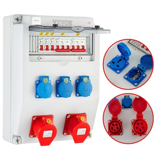 VEVOR Wandverteiler 230 V 16 A mit 3 x Steckdose Baustromverteiler, 1 x CEE-Steckdose 400 V 16 A Verteilerkästen, 1 x CEE-Steckdose 400 V 32 A Stromverteiler, 5-polig Schutzschalter für Baustelle von VEVOR