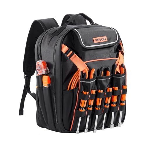 VEVOR Werkzeugrucksack, 45 Taschen, Werkzeug-Aufbewahrungs-Organizer, Backpack mit Laptopfach und verstärktem Stoffboden, Werkzeugtasche, Baustellenrucksack für Elektriker, Handwerker von VEVOR