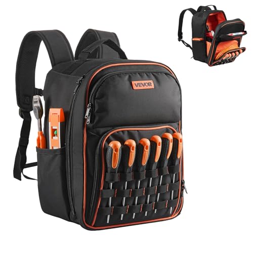 VEVOR Werkzeugrucksack, 49 Taschen, Werkzeug-Aufbewahrungs-Organizer, Backpack mit Laptopfach und verstärktem Stoffboden, Baustellenrucksack, Werkzeugtasche für Elektriker, Handwerker von VEVOR