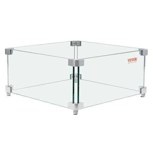 VEVOR Windschutz für Gas-Feuerstelle für quadratischen Feuertisch, 380 x 380 x 180 mm, Windschutz für Feuerstellen, 8 mm Dicker quadratischer Glasschutz, Glasplatte mit Harter Eckhalterung und Füßen von VEVOR