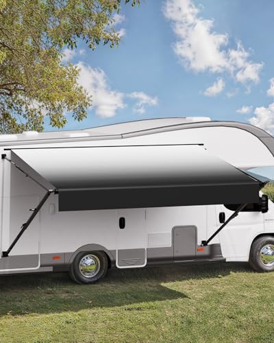 VEVOR Wohnwagen Markise universelle einziehbare Markisen (426,7 cm) wasserdichter Sonnenschutz mit Aluminiumlegierungsrahmen, Außenmarkise mit schwarzem Ständer und schwarzen Stoffen mit Farbverlauf von VEVOR