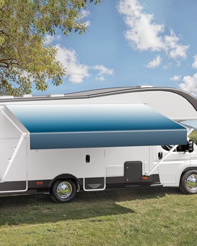 VEVOR Wohnwagen Markise universelle einziehbare RV Markisen (457 cm) wasserdichte Wohnmobil-Markise mit Aluminiumlegierungsrahmen, Außenmarkise mit weißem Ständer und blauen Stoffen mit Farbverlauf von VEVOR