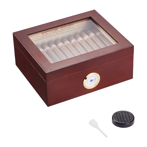 VEVOR Zigarren-Humidor, Humidor-Box mit Glasdeckel, Handgefertigte Zigarren-Schreibtischbox aus Spanischem Zedernholz, Zigarren-Aufbewahrungsbox mit Luftbefeuchter & Trennwand, für 30–50 Zigarren von VEVOR