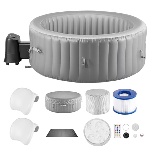 VEVOR aufblasbare Badewanne für 6 bis 8 Personen (240 x 66 cm), rund & tragbar, mit 130 wohltuenden Düsen & Kopfstütze & LED-Licht & Abdeckung & multifunktionalem Bedienfeld, PVC Spa-Pool Outdoor von VEVOR
