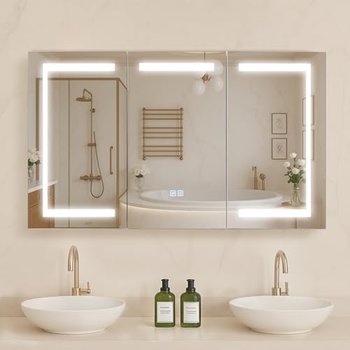 VEVOR beleuchteter Medizinschrank mit Spiegel (100 x 60 cm), 3-farbig dimmbarer LED-Badezimmerschrank mit Spiegel aus gehärtetem Glas, Memory-Funktion/2 verstellbare Regale/Steckdosen und USBs von VEVOR