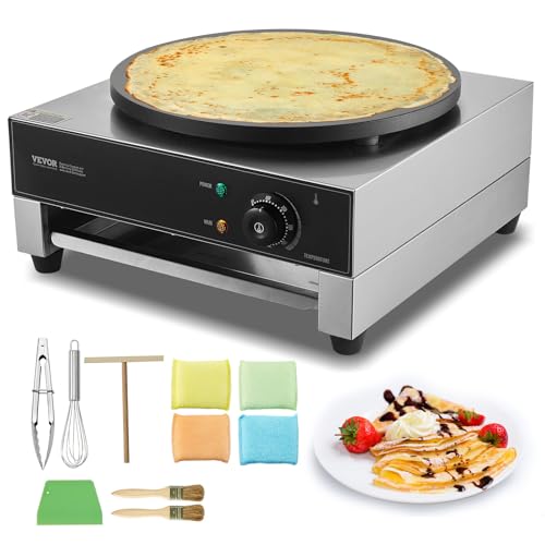 VEVOR elektrischer Crepemaker Crepe-Maschine 1700 W flache Crepe-Grillplatte 40 cm, antihaftbeschichteter fannkuchenherd aus Edelstahl, runder Cerealien-Pfannkuchenherd, Temperaturregelung von VEVOR