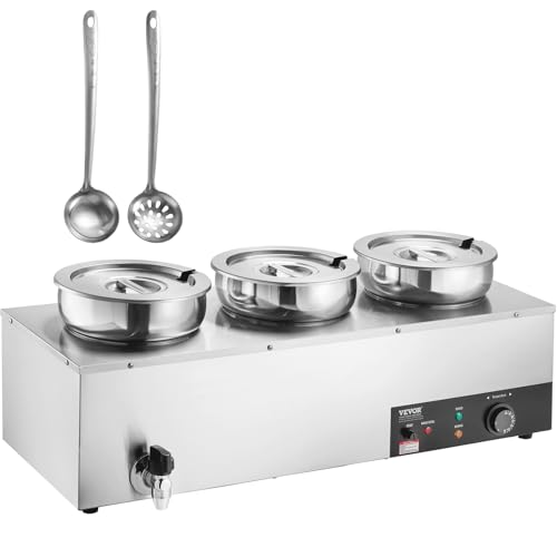 VEVOR elektrischer Suppenwärmer Speisenwärmer 3 x 7,4 Qt, kommerzieller Speisenwärmer 1200 W, einstellbare Temperatur von 30–85 °C, mit Trockenbrandschutz und Reset-Taste, für Restaurant, Buffet von VEVOR