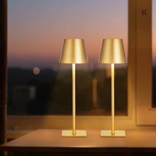 VEVOR kabellose Tischlampe Tischleuchte (2 Stk.) mit 5200 mAh eingebauter wiederaufladbarer Akku, 3-farbiges stufenloses Dimmen, 3000–6500 K Farbtemperatur, Schreibtischleuchte Gold von VEVOR