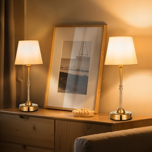 VEVOR kabellose Tischlampe Tischleuchte (2 Stk.) mit Stoffschirm & 5200 mAh eingebauter wiederaufladbarer Akku, Schreibtischlampe, dimmbar (3-stufig), Tischleuchte für Schlafzimmer Nachtisch Gold von VEVOR