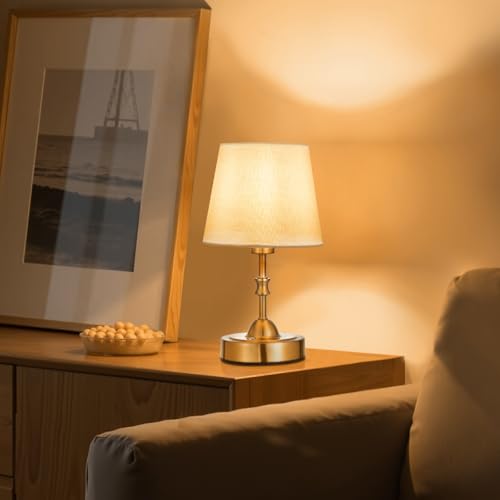 VEVOR kabellose Tischlampe Tischleuchte mit Stoffschirm & 5200 mAh eingebauter wiederaufladbarer Akku, kleine Schreibtischlampe, dimmbar (3-stufig), Tischleuchte für Schlafzimmer Nachtisch Gold von VEVOR