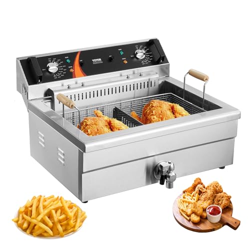 VEVOR kommerzielle Fritteuse, 2250 W elektrische Fritteuse mit Korb, Großes Fassungsvermögen 20 L Countertop Oil Fryer, Edelstahl, Temperaturregelung, für Küche Restaurant Verwendung, Silber von VEVOR