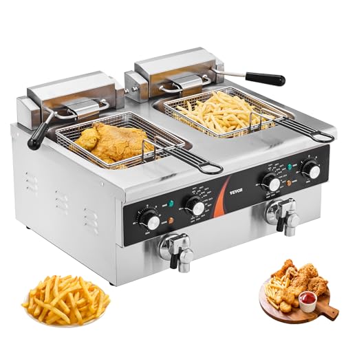 VEVOR kommerzielle Fritteuse elektrische Aufsatzfritteuse, Doppeltank 3000 W x 2, 5,9 L Doppel-Öl-Fritteuse mit 2 Körben verdickter Edelstahl, Zeit- & Temperaturregelung, für Küche Restaurant Café von VEVOR