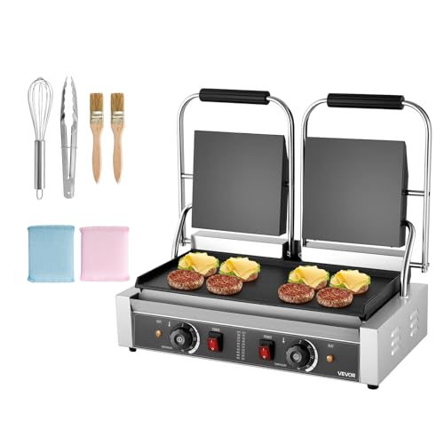 VEVOR kommerzieller Kontaktgrill 3600 W Elektrogrill Sandwichmaker (Doppelbackplatten) Panini Presse aus Edelstahl mit Temperaturregelung, 48 x 23 cm flache Emailleplatte, für Hamburger Steak Speck von VEVOR