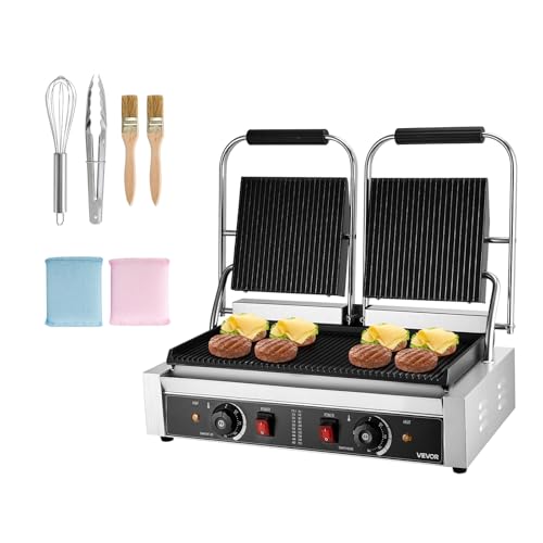 VEVOR kommerzieller Kontaktgrill 3600 W Elektrogrill Sandwichmaker (Doppelbackplatten) Panini Presse aus Edelstahl mit Temperaturregelung, 48 x 23 cm gerillte Emailleplatte für Hamburger Steak Speck von VEVOR